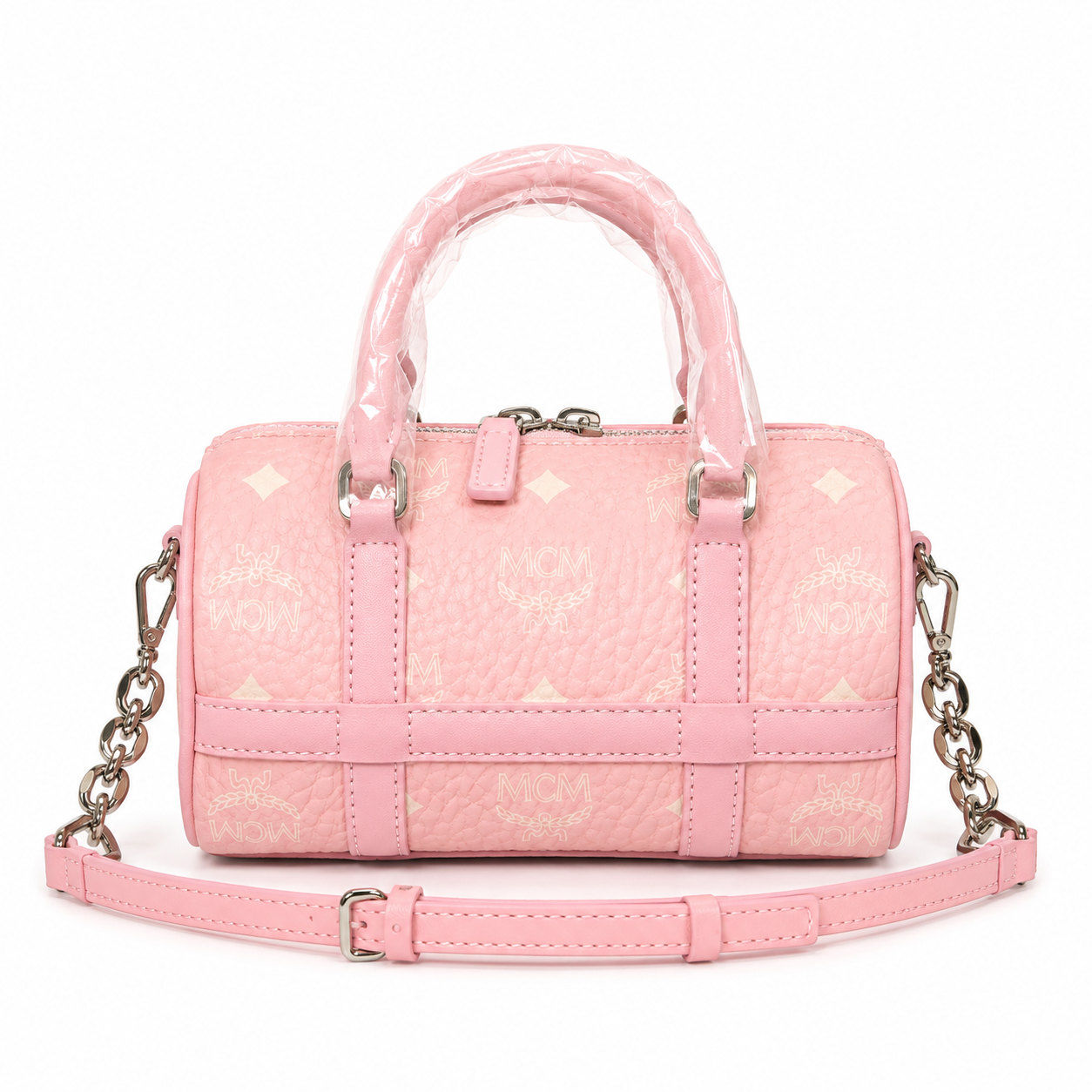 MCM Grid Leather Mini Boston Bag – Pink Embossed Monogram, Silver Hardware