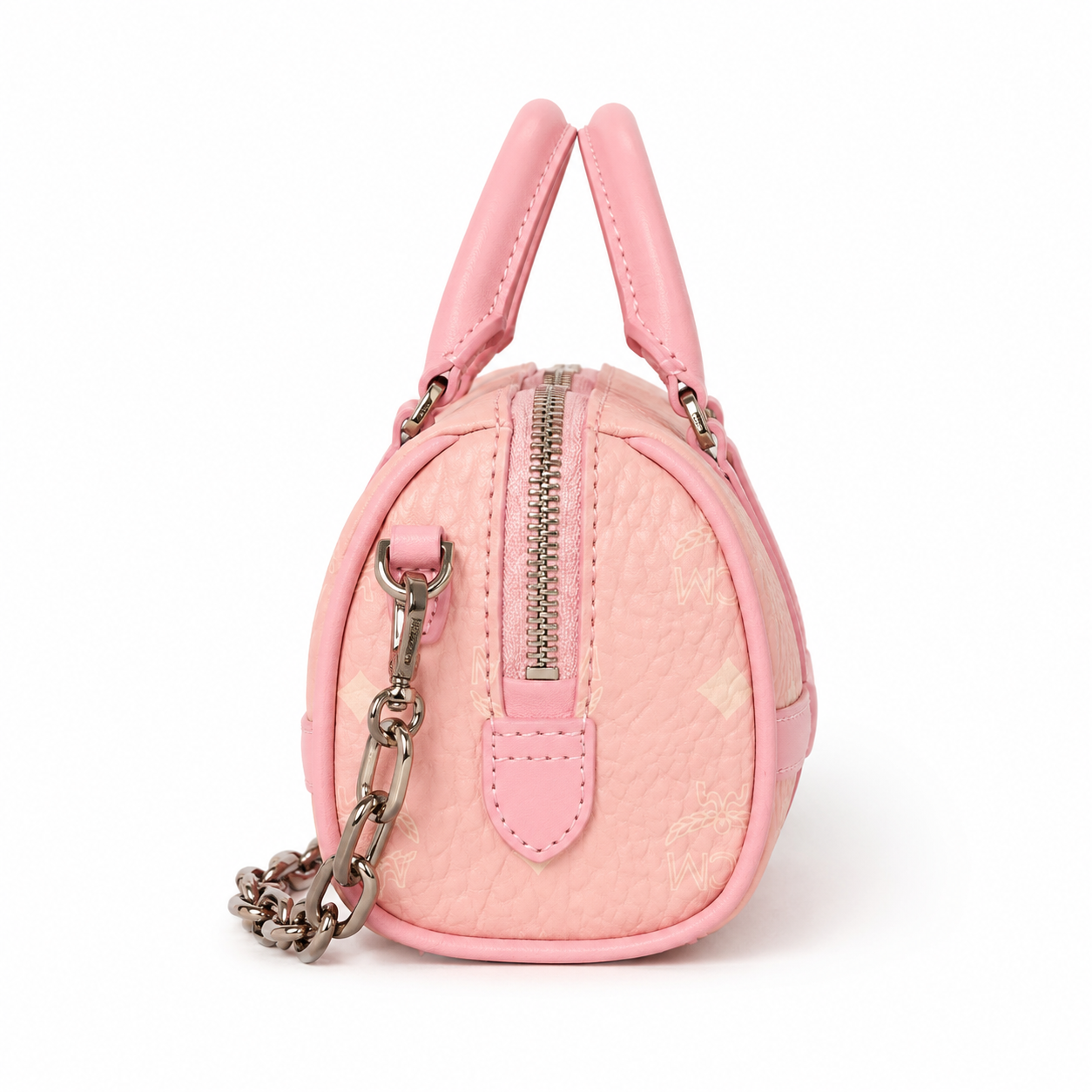 MCM Grid Leather Mini Boston Bag – Pink Embossed Monogram, Silver Hardware