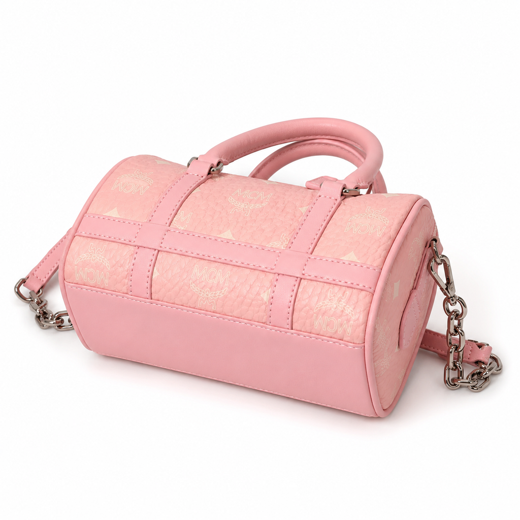 MCM Grid Leather Mini Boston Bag – Pink Embossed Monogram, Silver Hardware