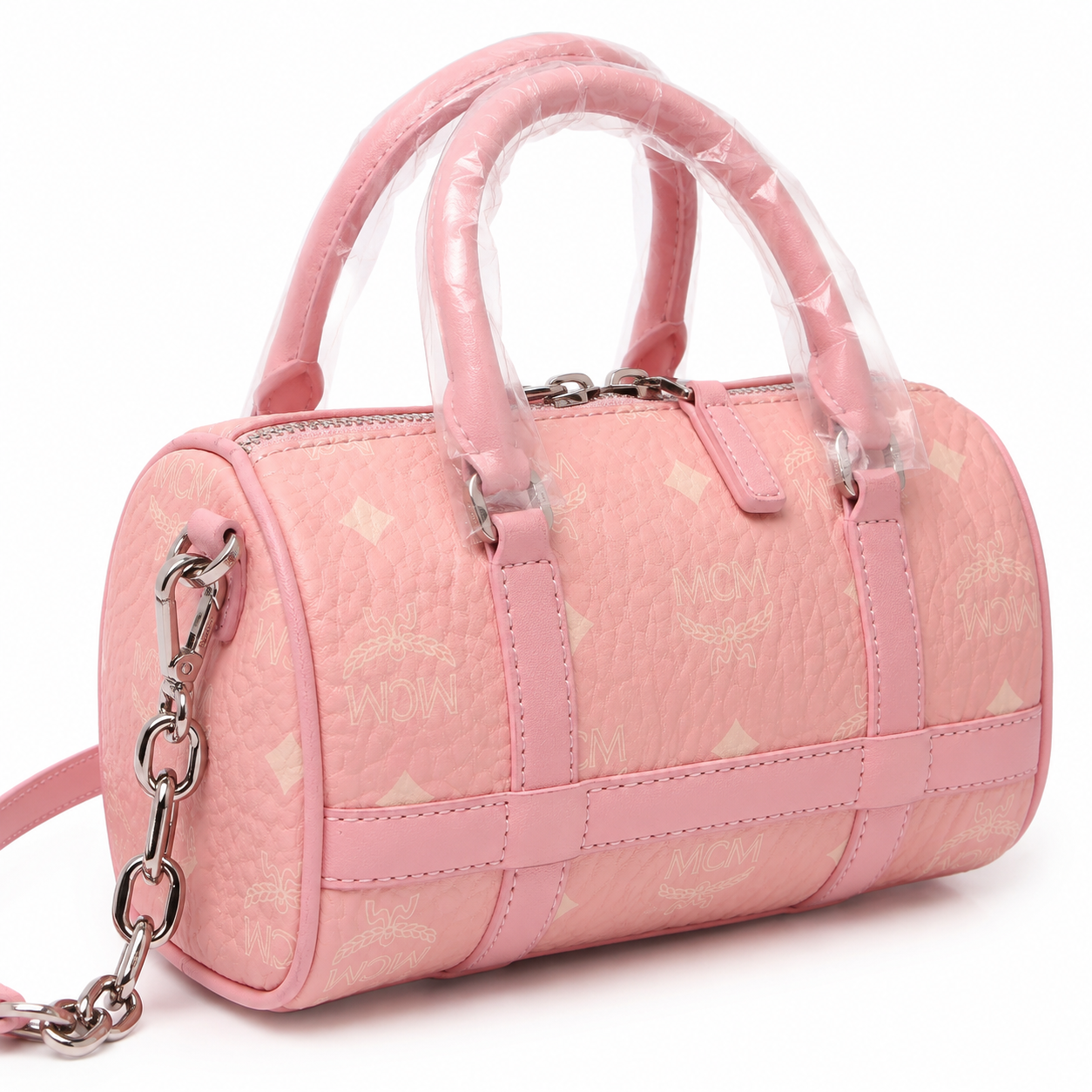 MCM Grid Leather Mini Boston Bag – Pink Embossed Monogram, Silver Hardware