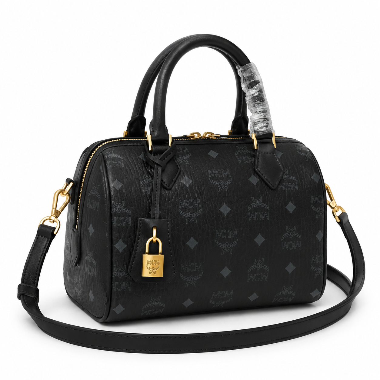MCM Ella Visetos Small Boston Bag – Black Monogram, Padlock, MWBESEA02