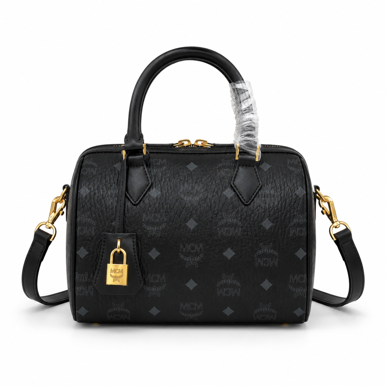 MCM Ella Visetos Small Boston Bag – Black Monogram, Padlock, MWBESEA02