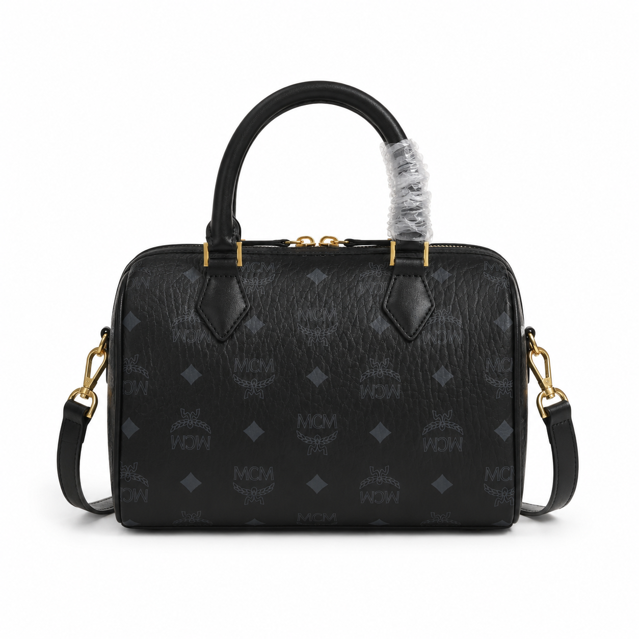 MCM Ella Visetos Small Boston Bag – Black Monogram, Padlock, MWBESEA02