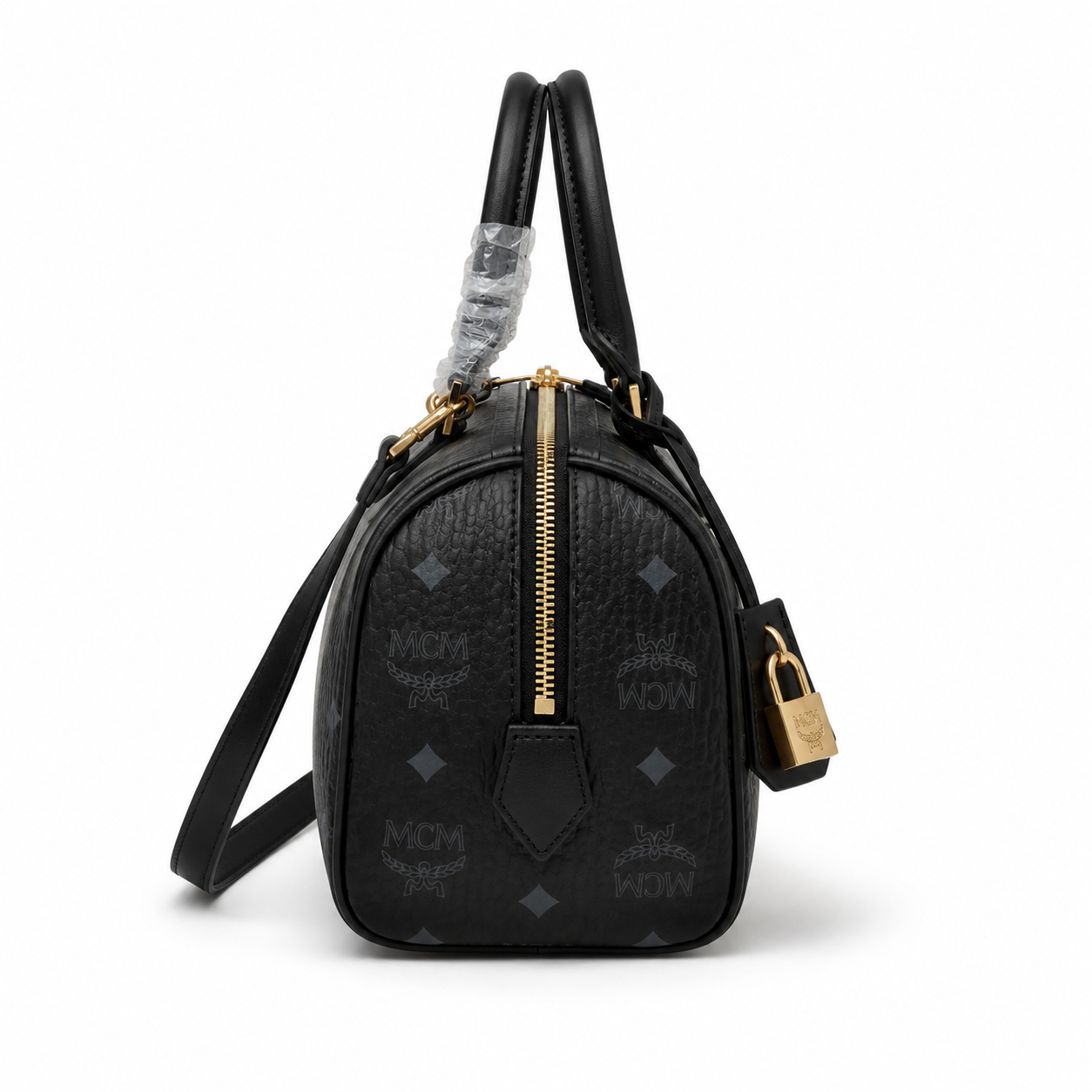 MCM Ella Visetos Small Boston Bag – Black Monogram, Padlock, MWBESEA02