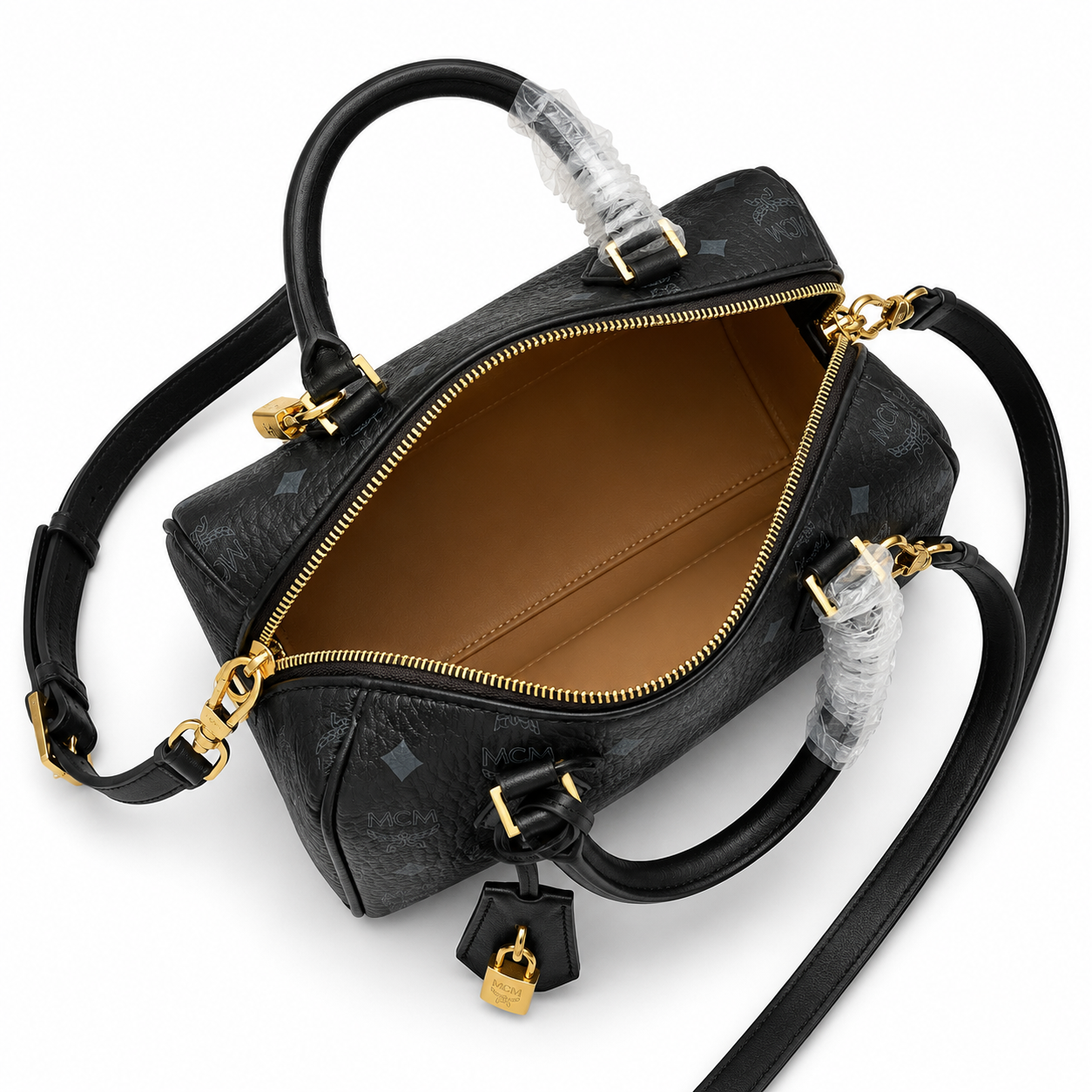 MCM Ella Visetos Small Boston Bag – Black Monogram, Padlock, MWBESEA02