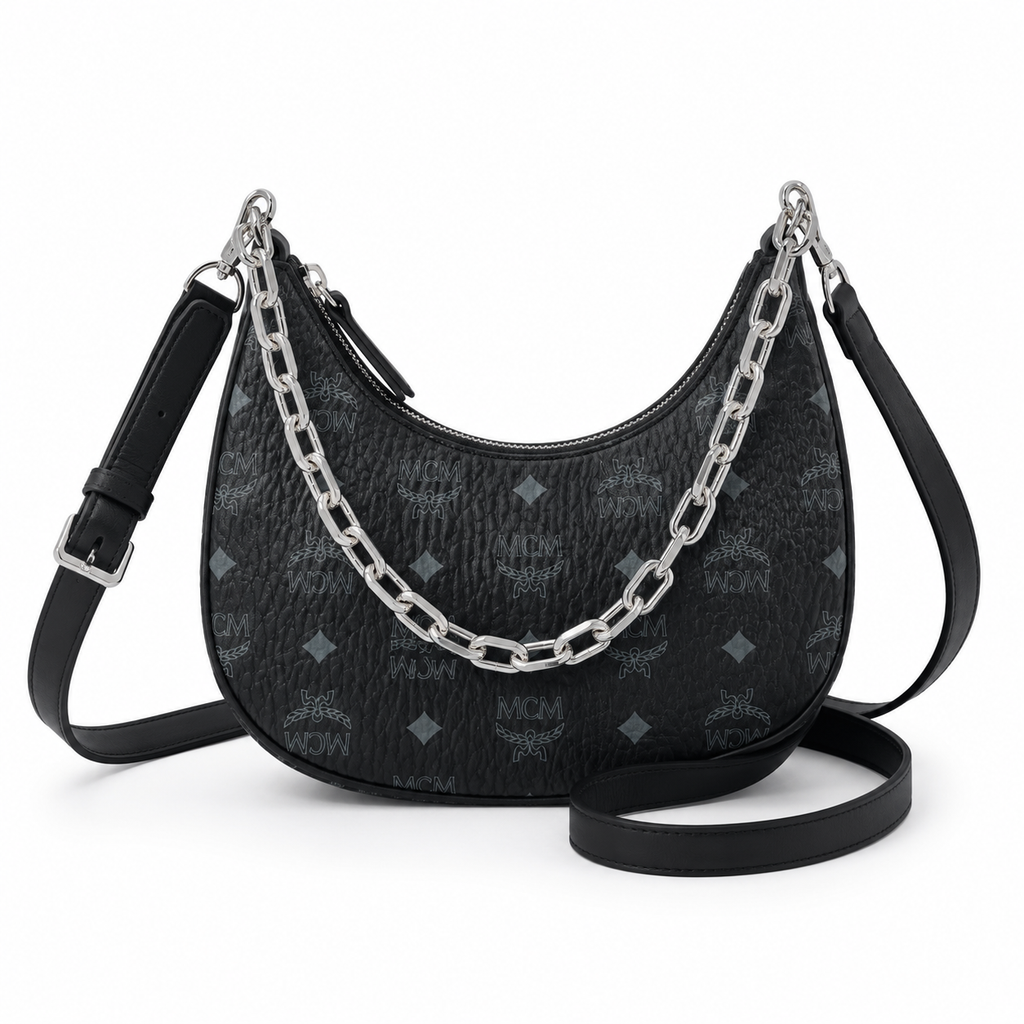 MCM AREN Visetos Hobo Bag – Black Monogram, Chain Detail, MWHFSTA10