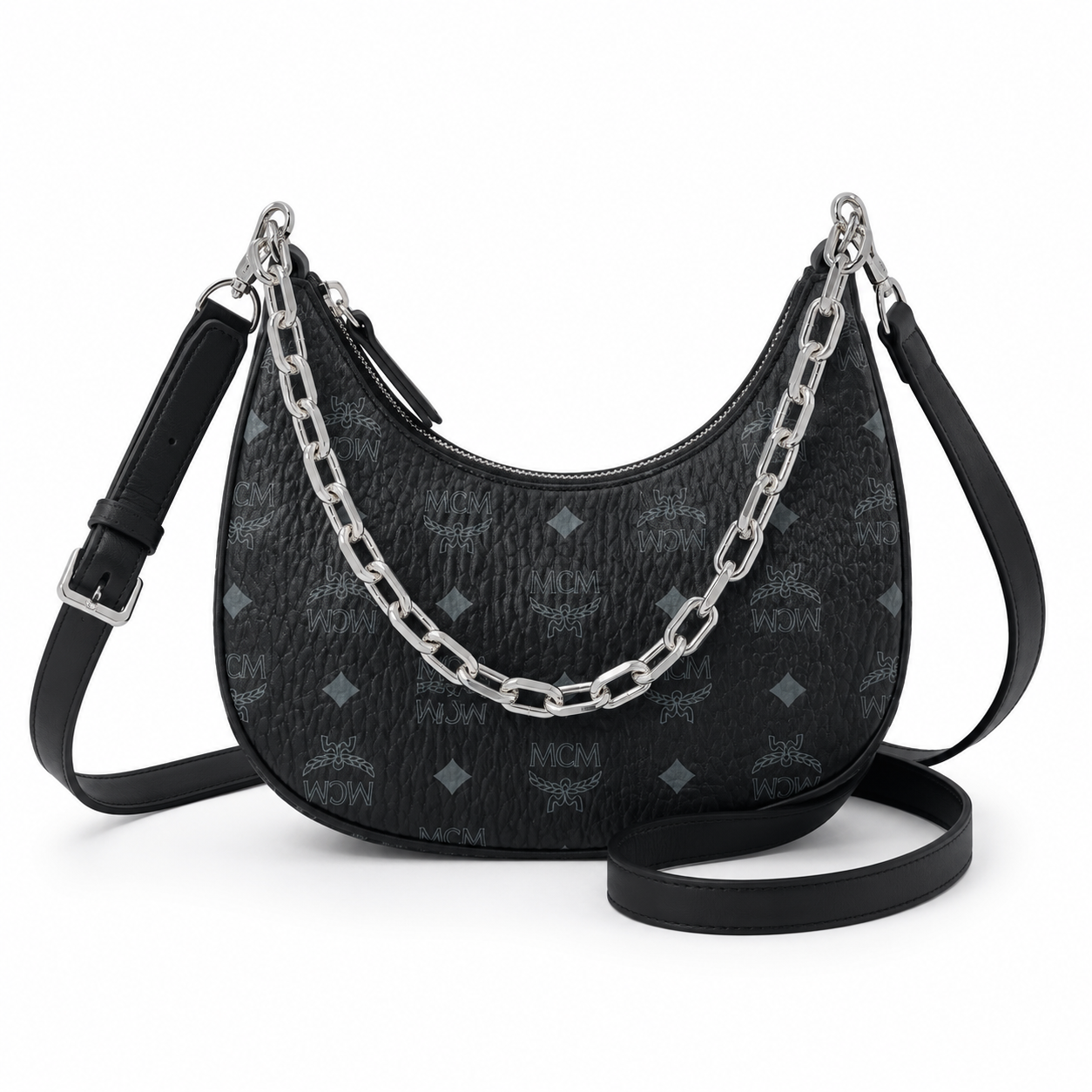 MCM AREN Visetos Hobo Bag – Black Monogram, Chain Detail, MWHFSTA10