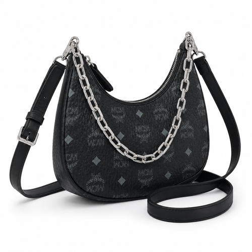 MCM AREN Visetos Hobo Bag – Black Monogram, Chain Detail, MWHFSTA10