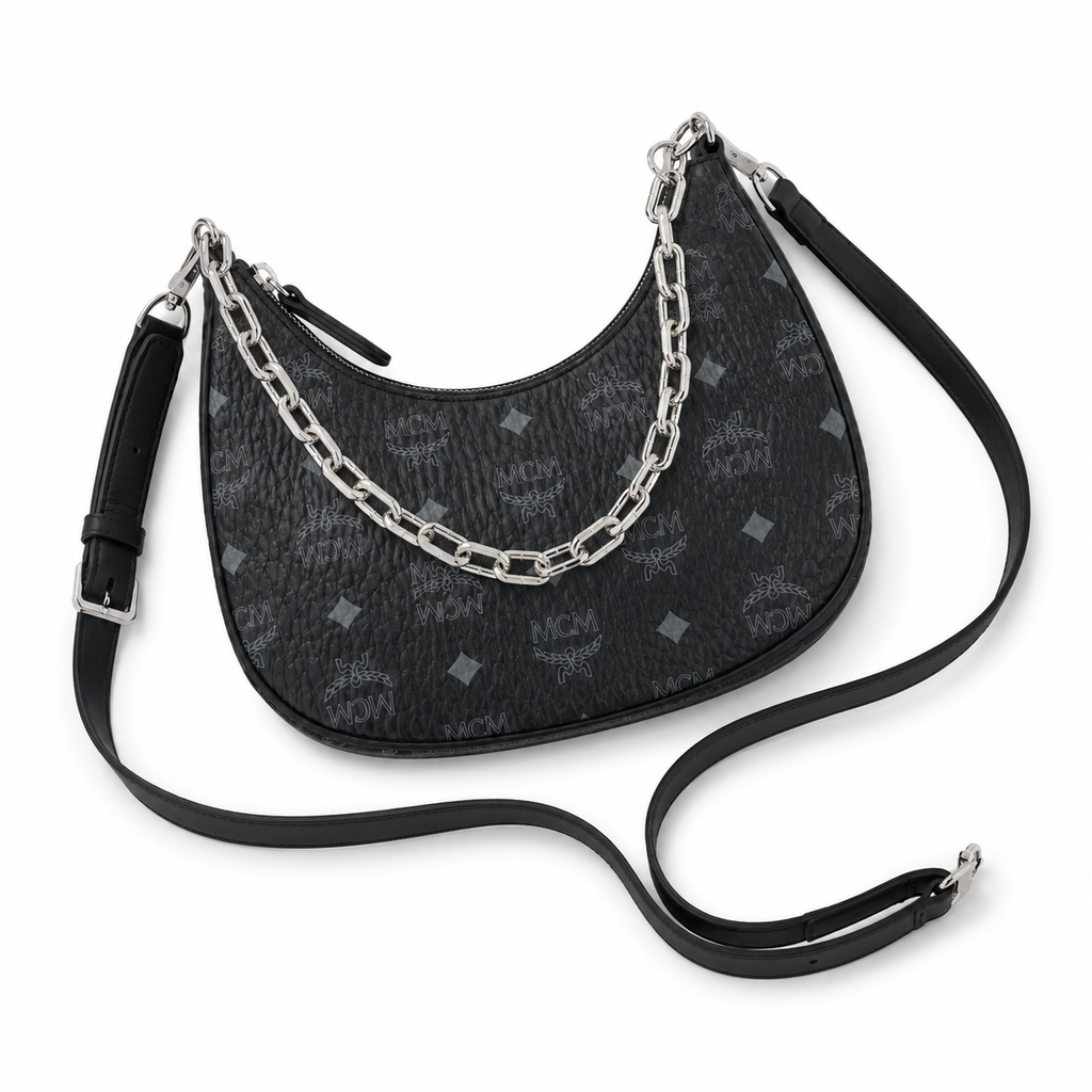 MCM AREN Visetos Hobo Bag – Black Monogram, Chain Detail, MWHFSTA10