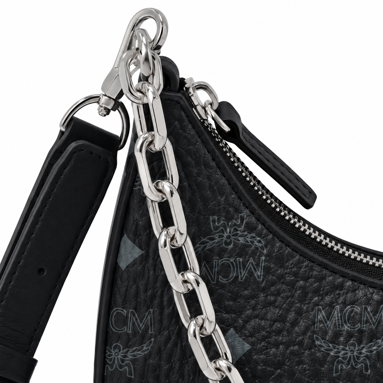 MCM AREN Visetos Hobo Bag – Black Monogram, Chain Detail, MWHFSTA10