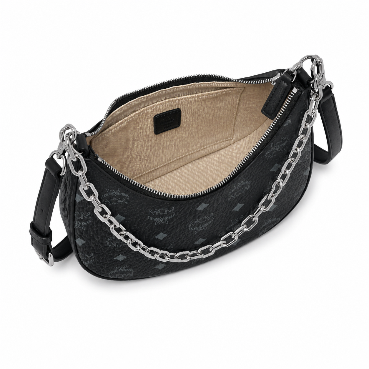 MCM AREN Visetos Hobo Bag – Black Monogram, Chain Detail, MWHFSTA10
