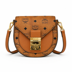 MCM Patricia Visetos Mini Saddle Bag – Cognac Monogram, Gold Hardware