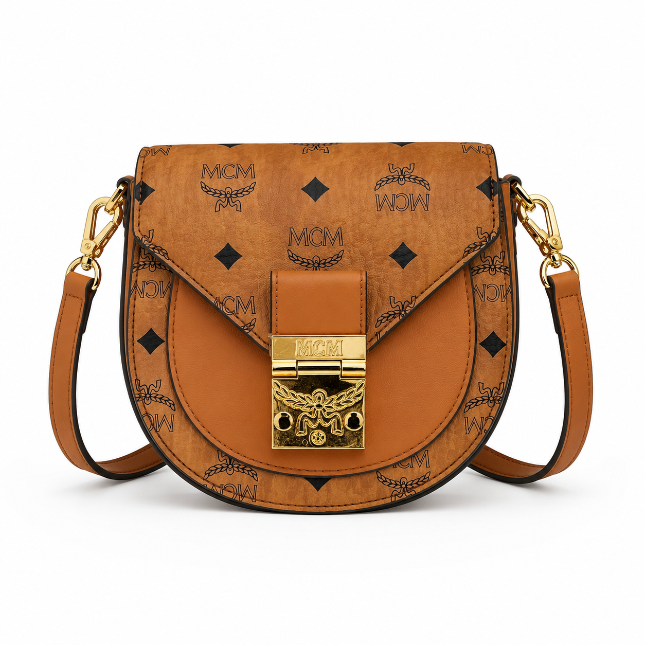 MCM Patricia Visetos Mini Saddle Bag – Cognac Monogram, Gold Hardware