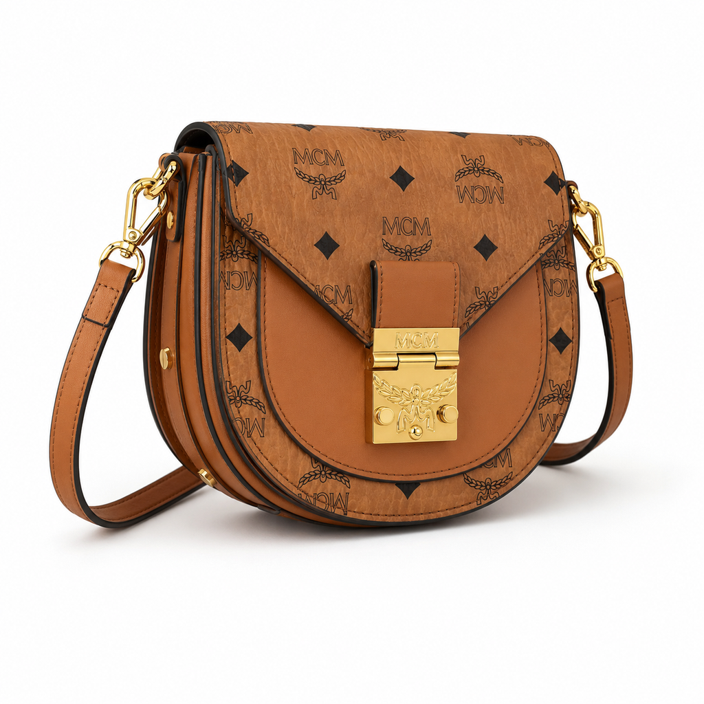 MCM Patricia Visetos Mini Saddle Bag – Cognac Monogram, Gold Hardware