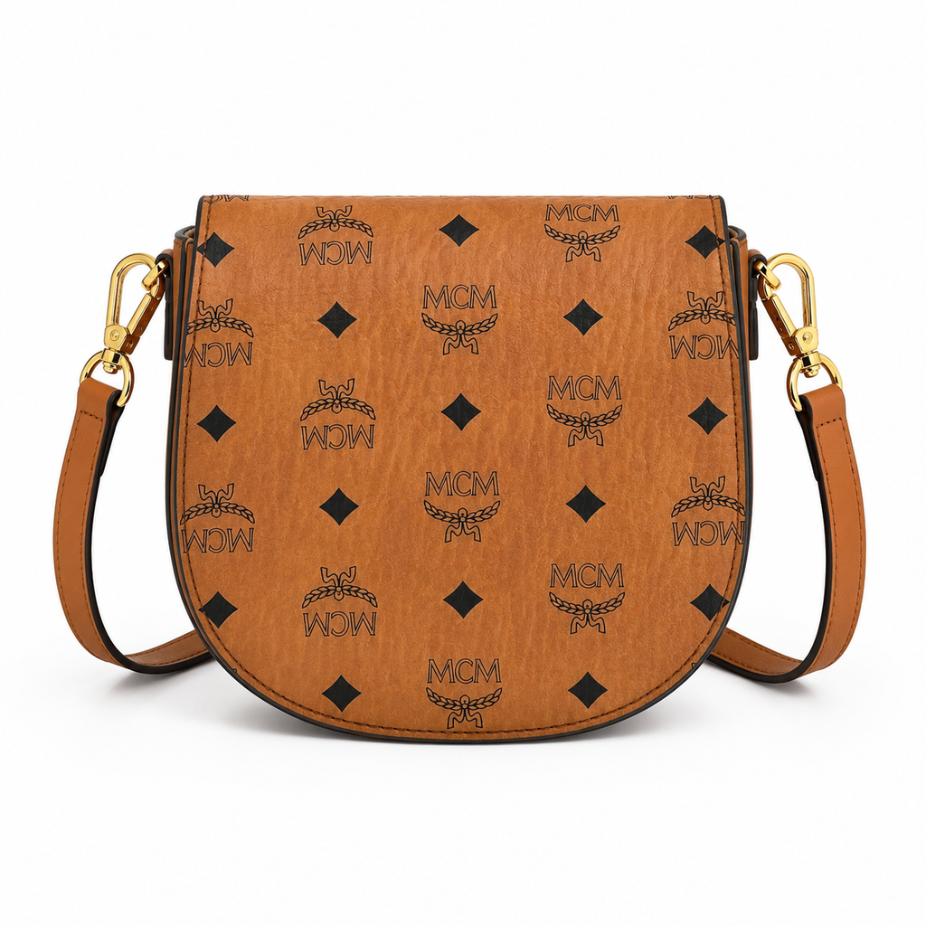 MCM Patricia Visetos Mini Saddle Bag – Cognac Monogram, Gold Hardware
