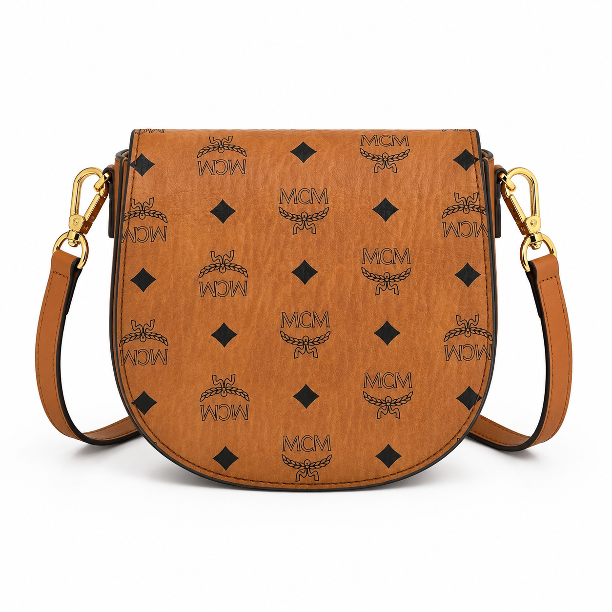 MCM Patricia Visetos Mini Saddle Bag – Cognac Monogram, Gold Hardware