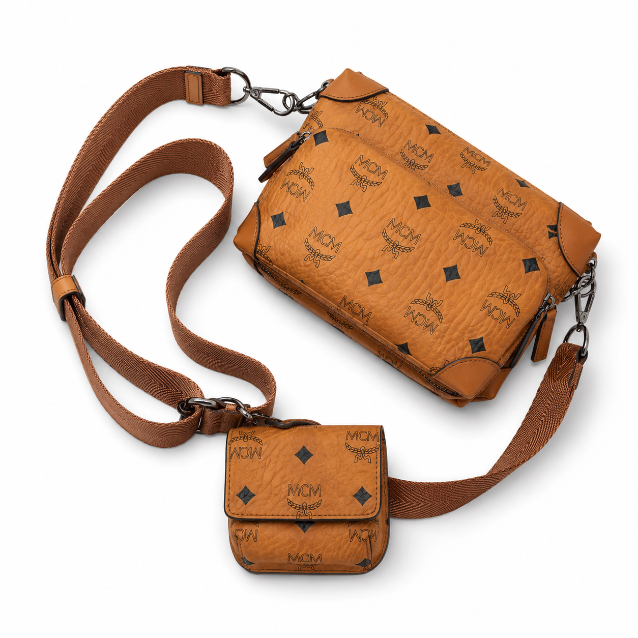 MCM Patricia Visetos Crossbody Bag Set – Cognac Monogram, Pouch, MWRAAPA
