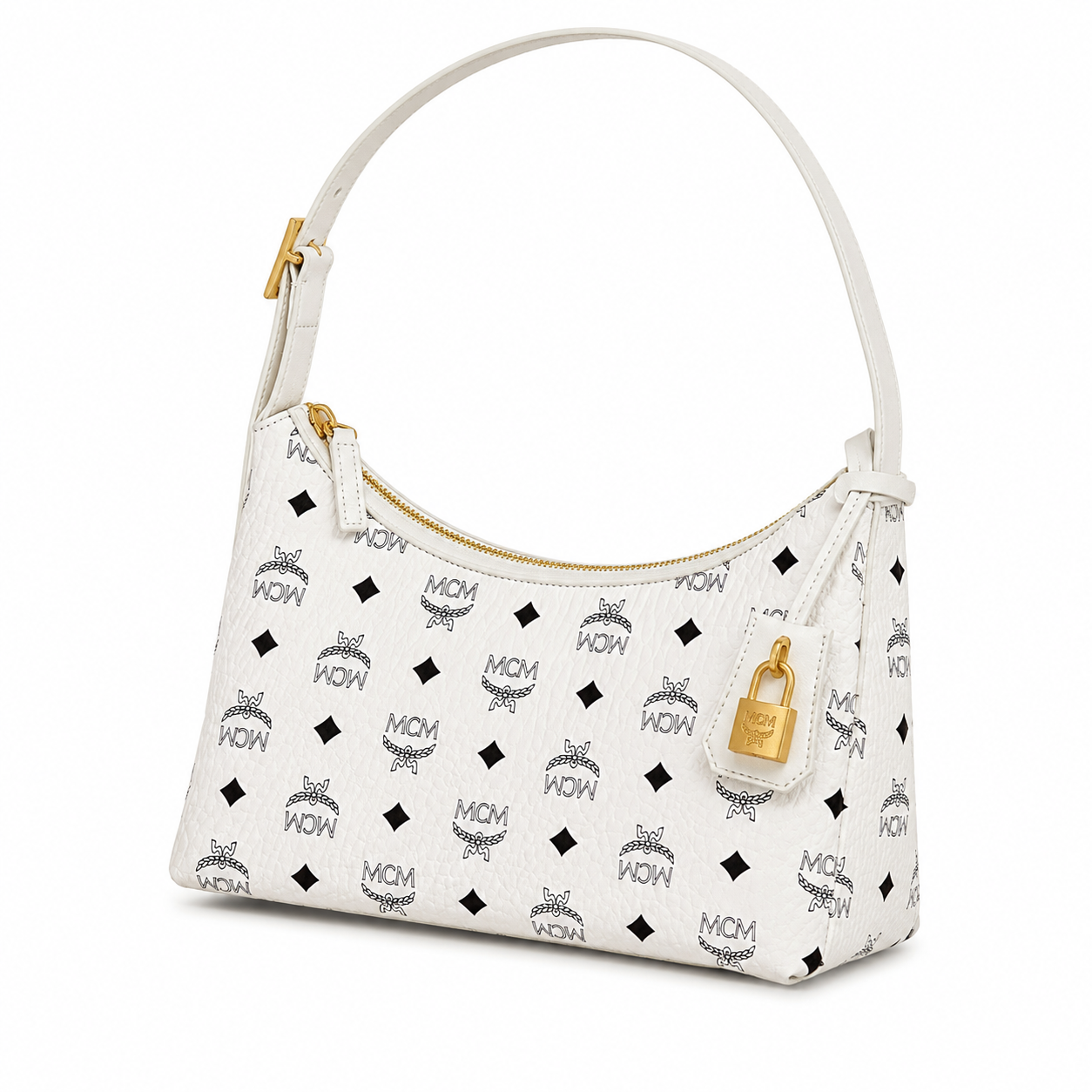 MCM Aren Visetos Small Hobo Bag – White Monogram, Gold Padlock, MWHESTA01