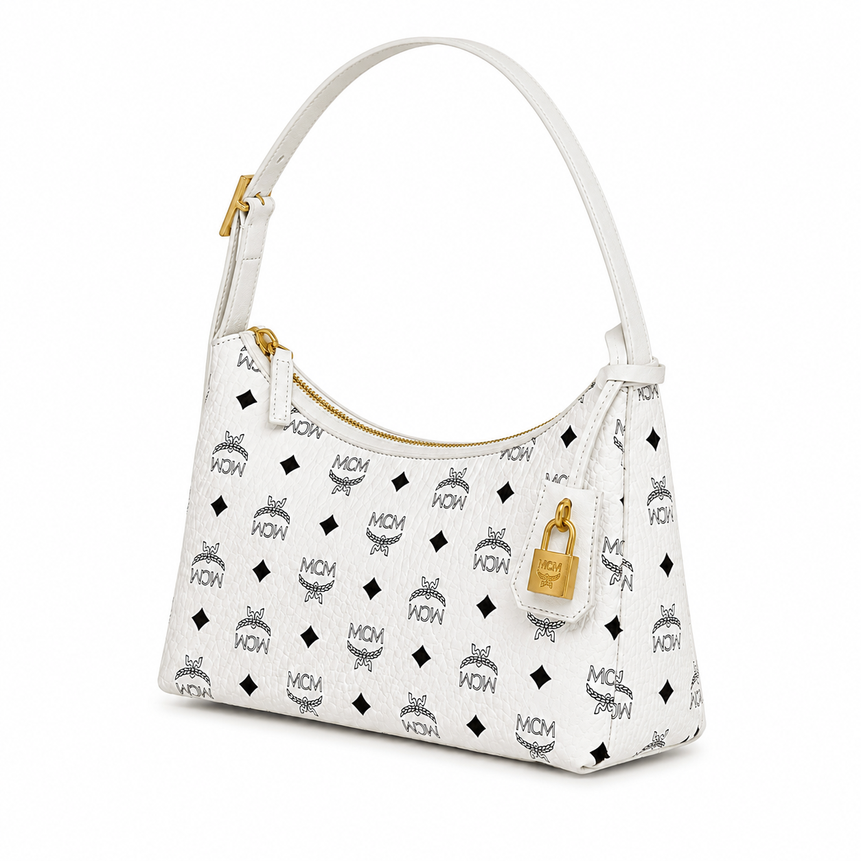 MCM Aren Visetos Small Hobo Bag – White Monogram, Gold Padlock, MWHESTA01