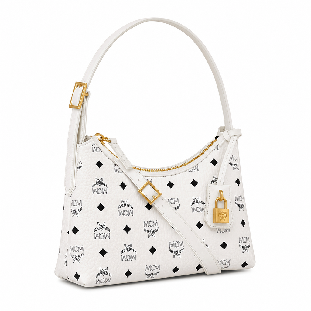 MCM Aren Visetos Small Hobo Bag – White Monogram, Gold Padlock, MWHESTA01