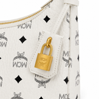 MCM Aren Visetos Small Hobo Bag – White Monogram, Gold Padlock, MWHESTA01
