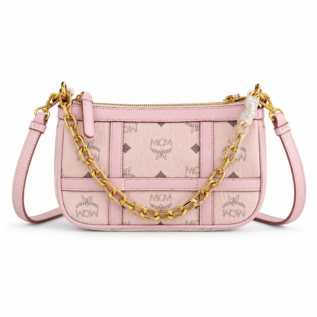 MCM Aren Visetos Mini Chain Bag – Light Pink, Gold Chain & Leather Strap