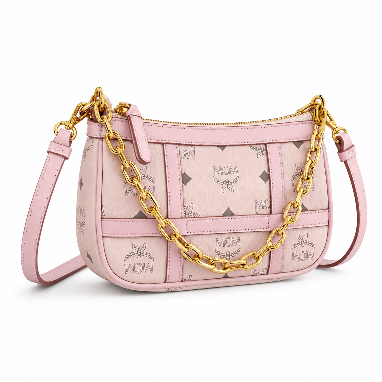 MCM Aren Visetos Mini Chain Bag – Light Pink, Gold Chain & Leather Strap