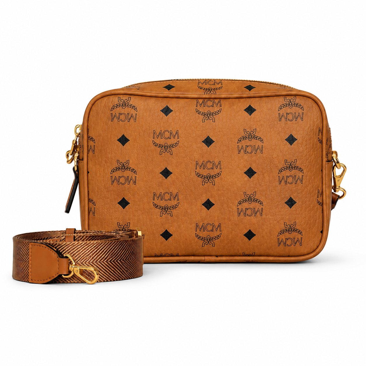 MCM Patricia Visetos Small Camera Bag – Cognac, Gold Hardware, MWH8SPA30