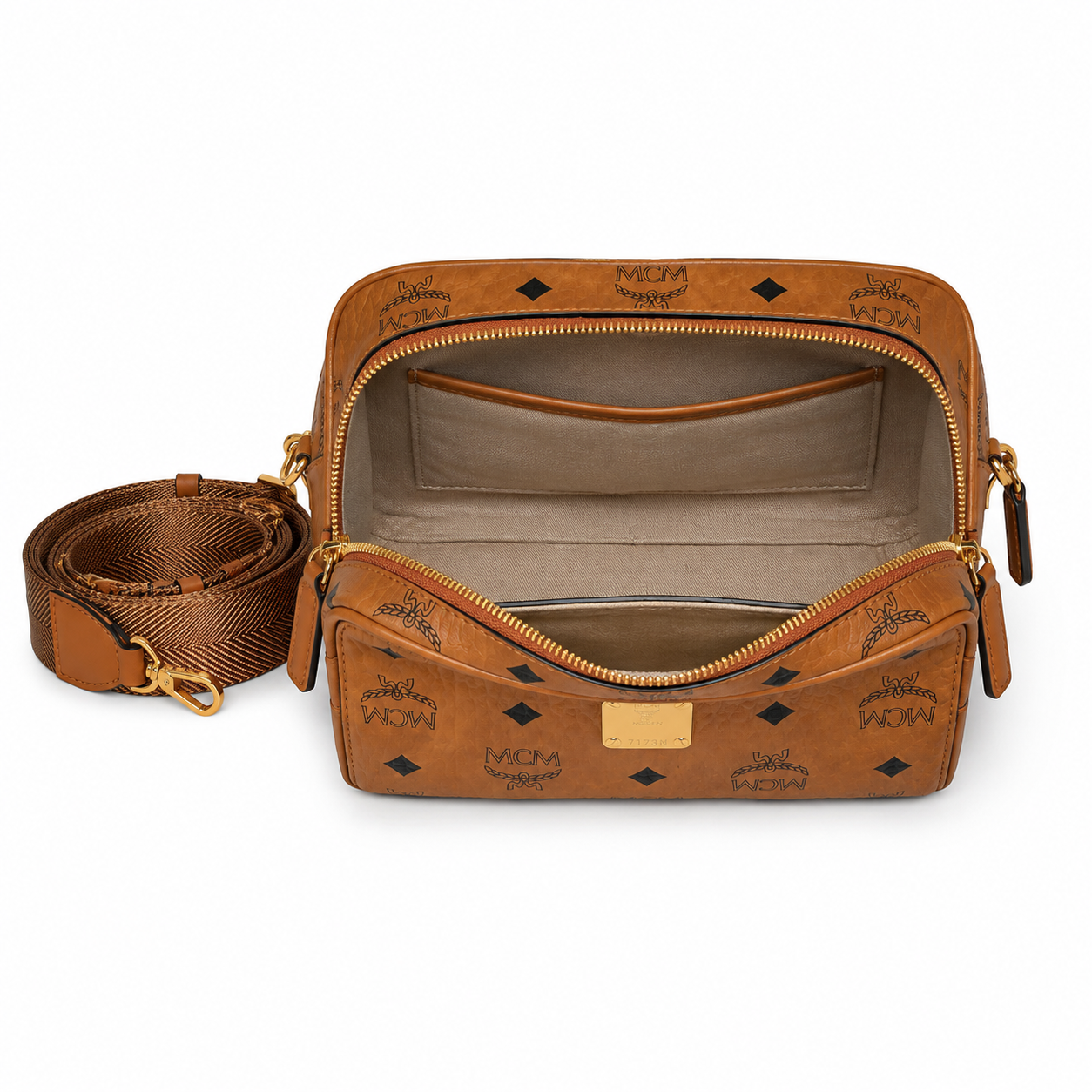 MCM Patricia Visetos Small Camera Bag – Cognac, Gold Hardware, MWH8SPA30