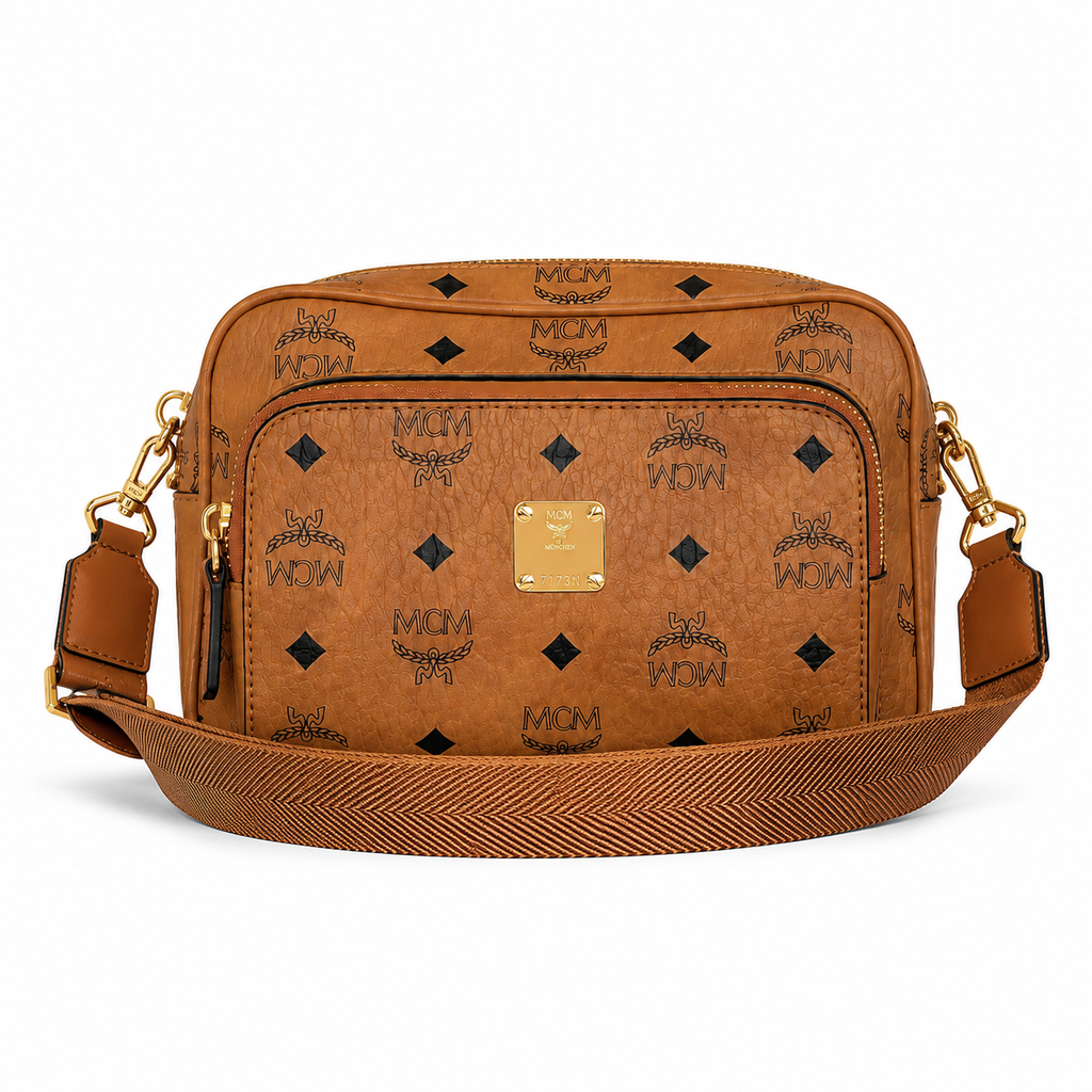 MCM Patricia Visetos Small Camera Bag – Cognac, Gold Hardware, MWH8SPA30