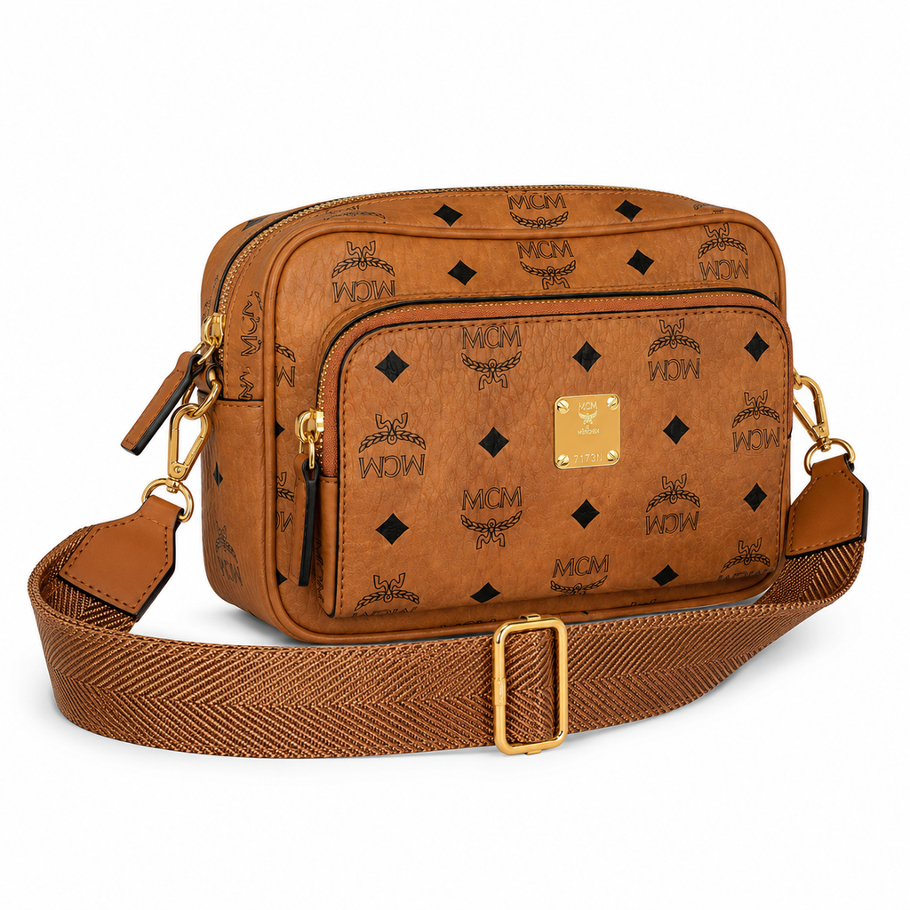 MCM Patricia Visetos Small Camera Bag – Cognac, Gold Hardware, MWH8SPA30