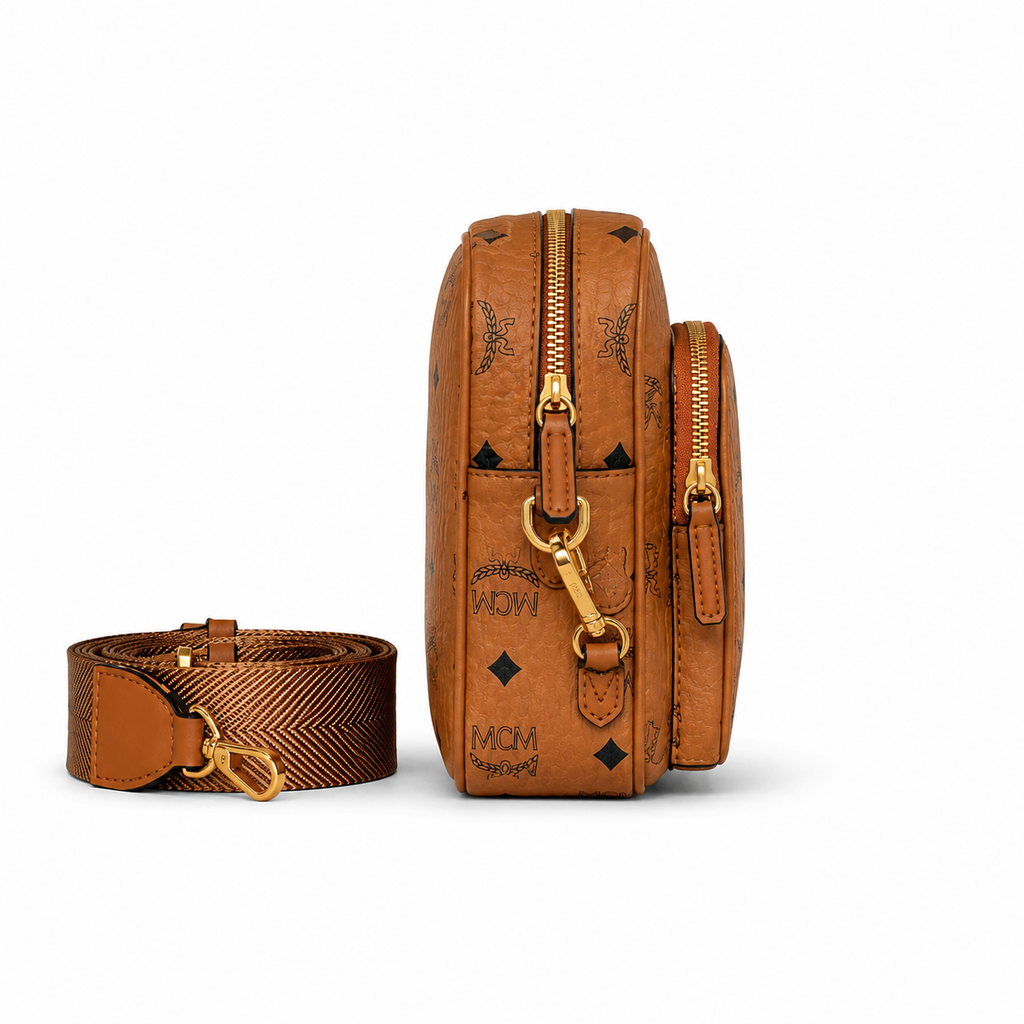MCM Patricia Visetos Small Camera Bag – Cognac, Gold Hardware, MWH8SPA30
