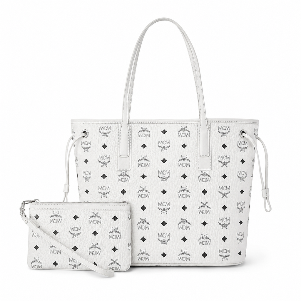MCM Liz Visetos Medium Tote Bag – White, Reversible, Pouch, MWPAAVI02WT
