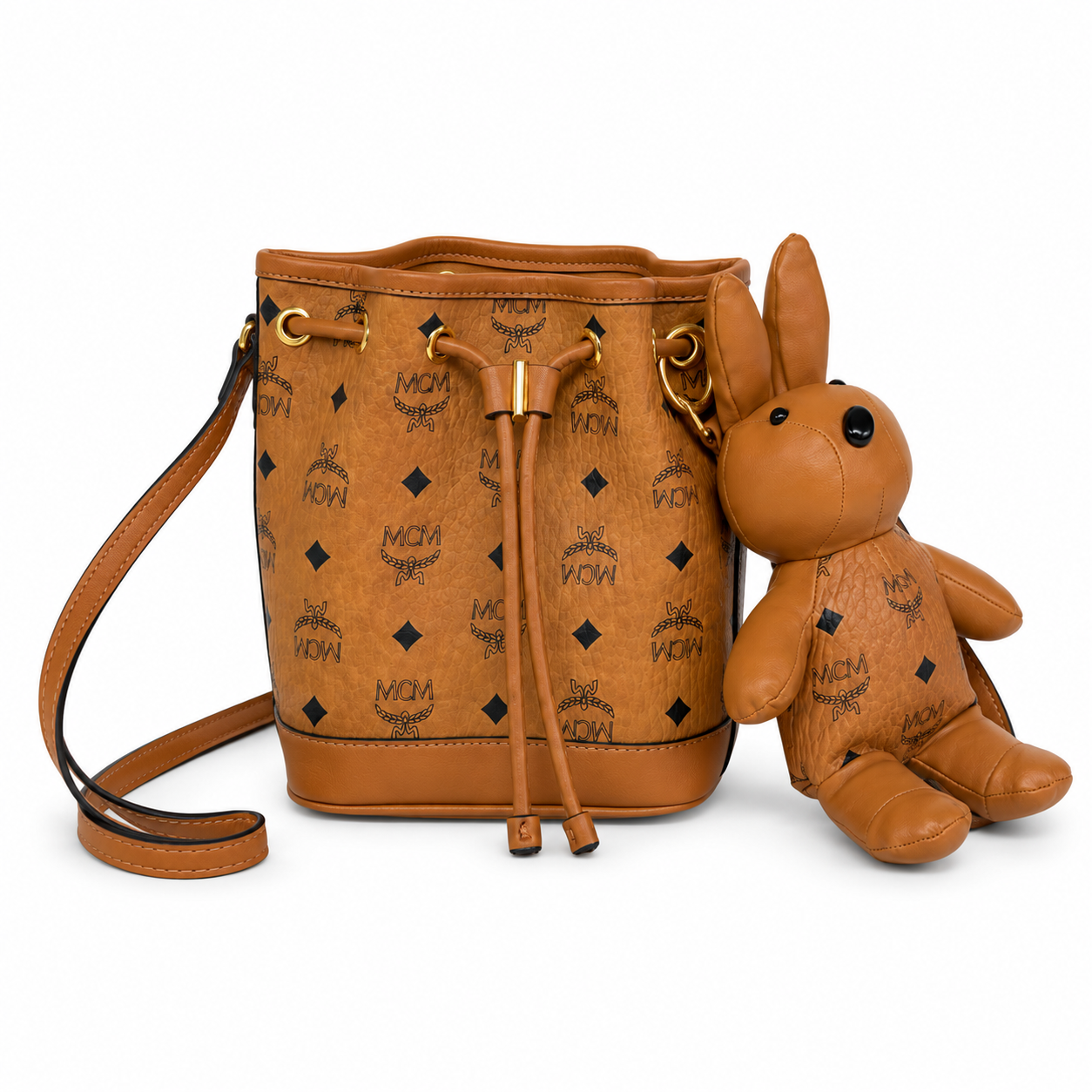 MCM Visetos Mini Bucket Bag with Rabbit Charm – Cognac, MYZ8AXL46CO001
