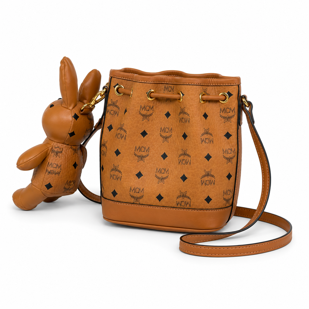MCM Visetos Mini Bucket Bag with Rabbit Charm – Cognac, MYZ8AXL46CO001