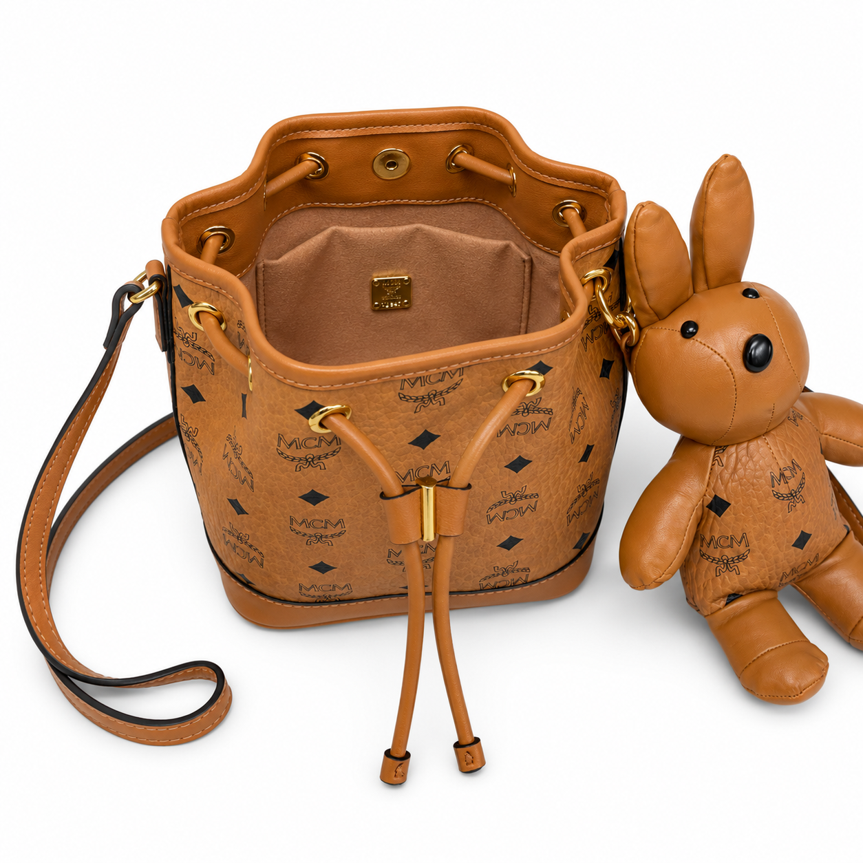 MCM Visetos Mini Bucket Bag with Rabbit Charm – Cognac, MYZ8AXL46CO001