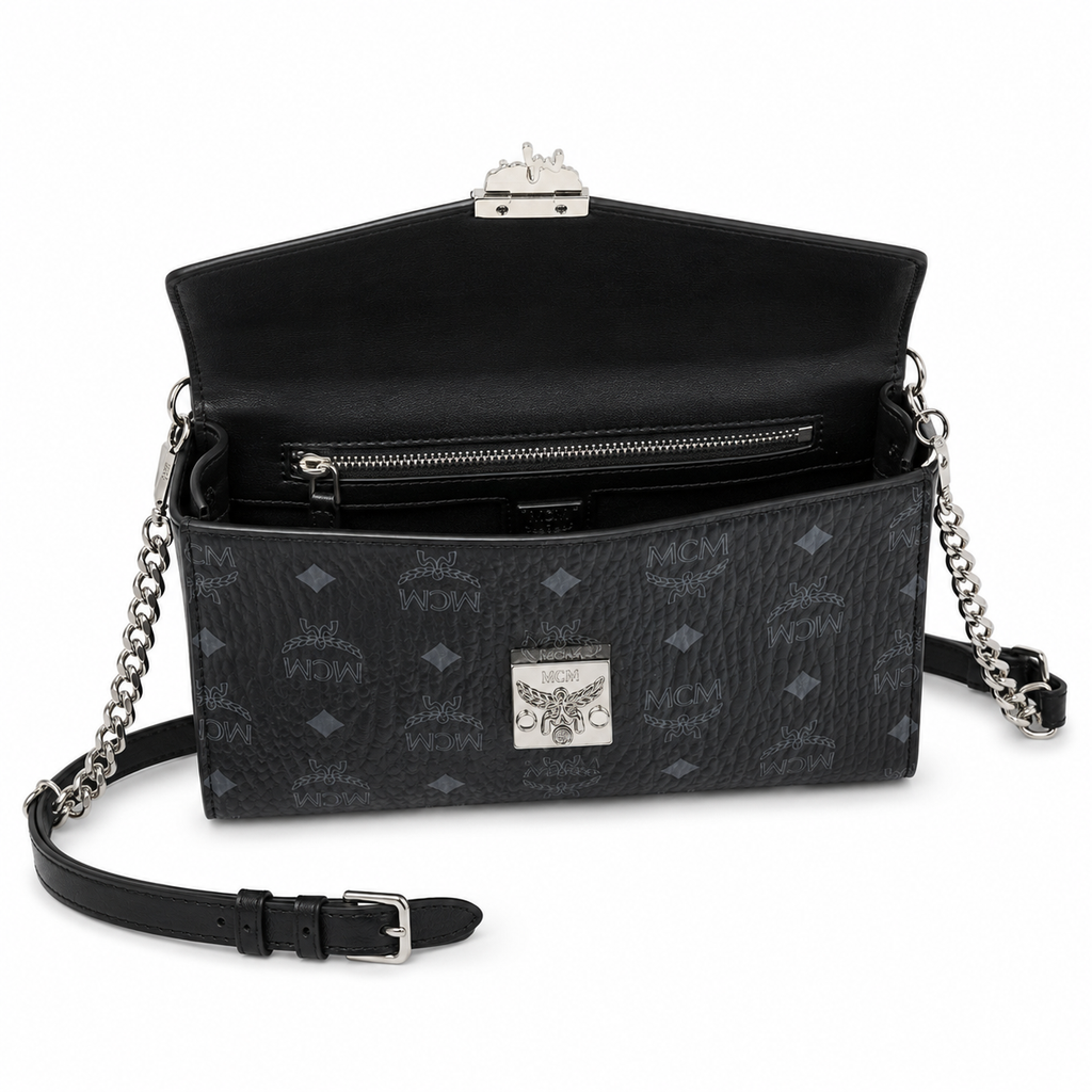 MCM Tracy Visetos Medium Flap Bag – Black, Silver Hardware, MWRBAWO05