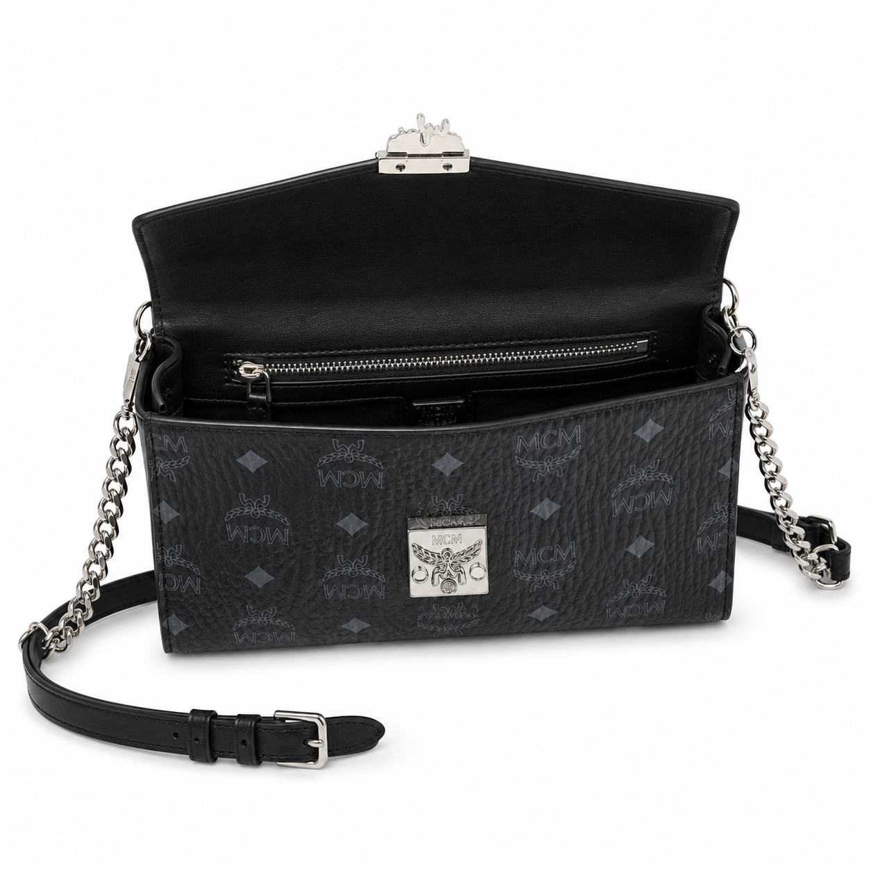 MCM Tracy Visetos Medium Flap Bag – Black, Silver Hardware, MWRBAWO05