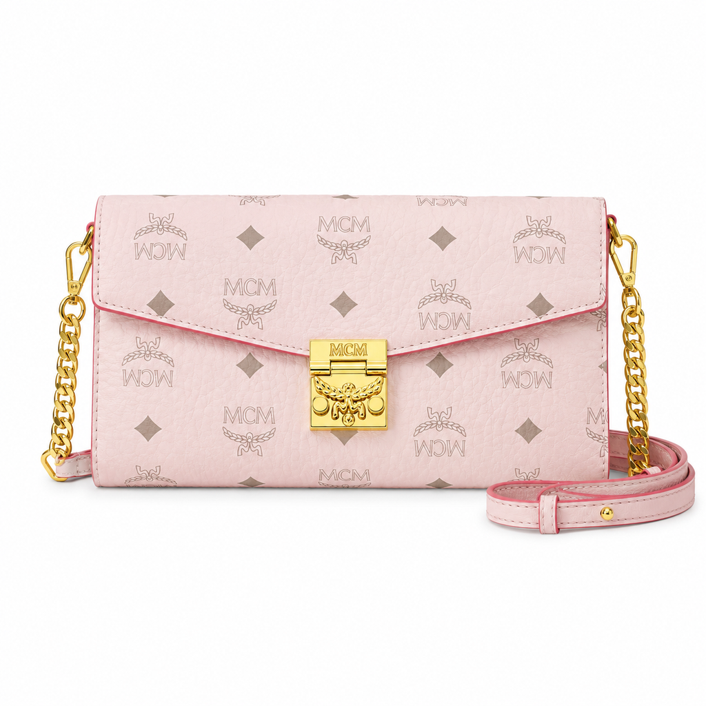 MCM Tracy Visetos Flap Bag – Pink, Gold Hardware, MWRBAWO05 PK001