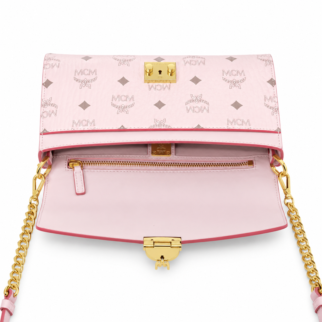 MCM Tracy Visetos Flap Bag – Pink, Gold Hardware, MWRBAWO05 PK001