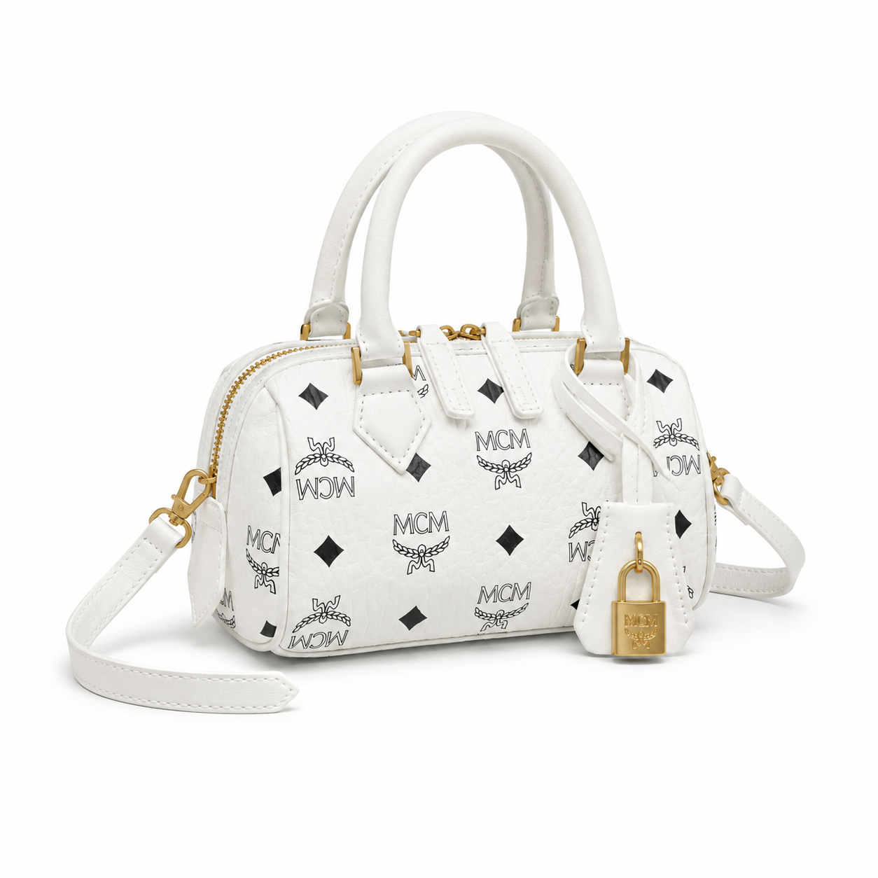 MCM Ella Visetos Mini Boston Bag – White, Gold Lock, MWBESEA01WT001