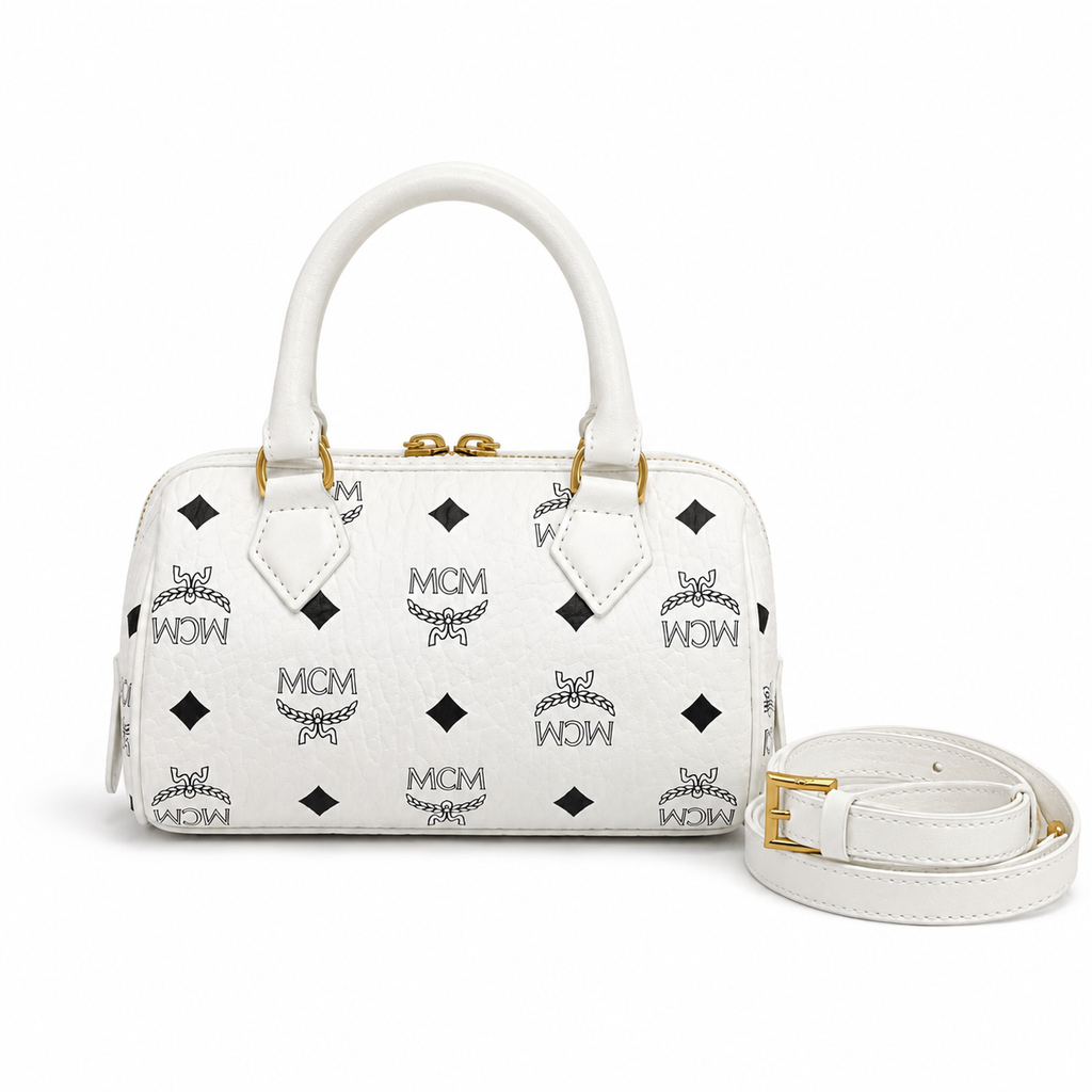MCM Ella Visetos Mini Boston Bag – White, Gold Lock, MWBESEA01WT001