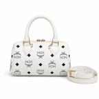 MCM Ella Visetos Mini Boston Bag – White, Gold Lock, MWBESEA01WT001