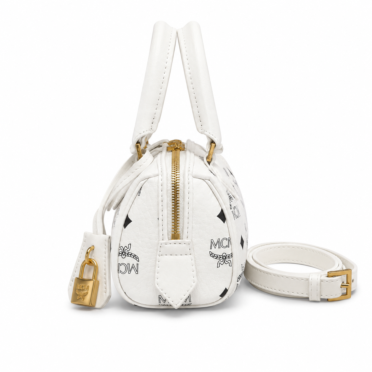 MCM Ella Visetos Mini Boston Bag – White, Gold Lock, MWBESEA01WT001