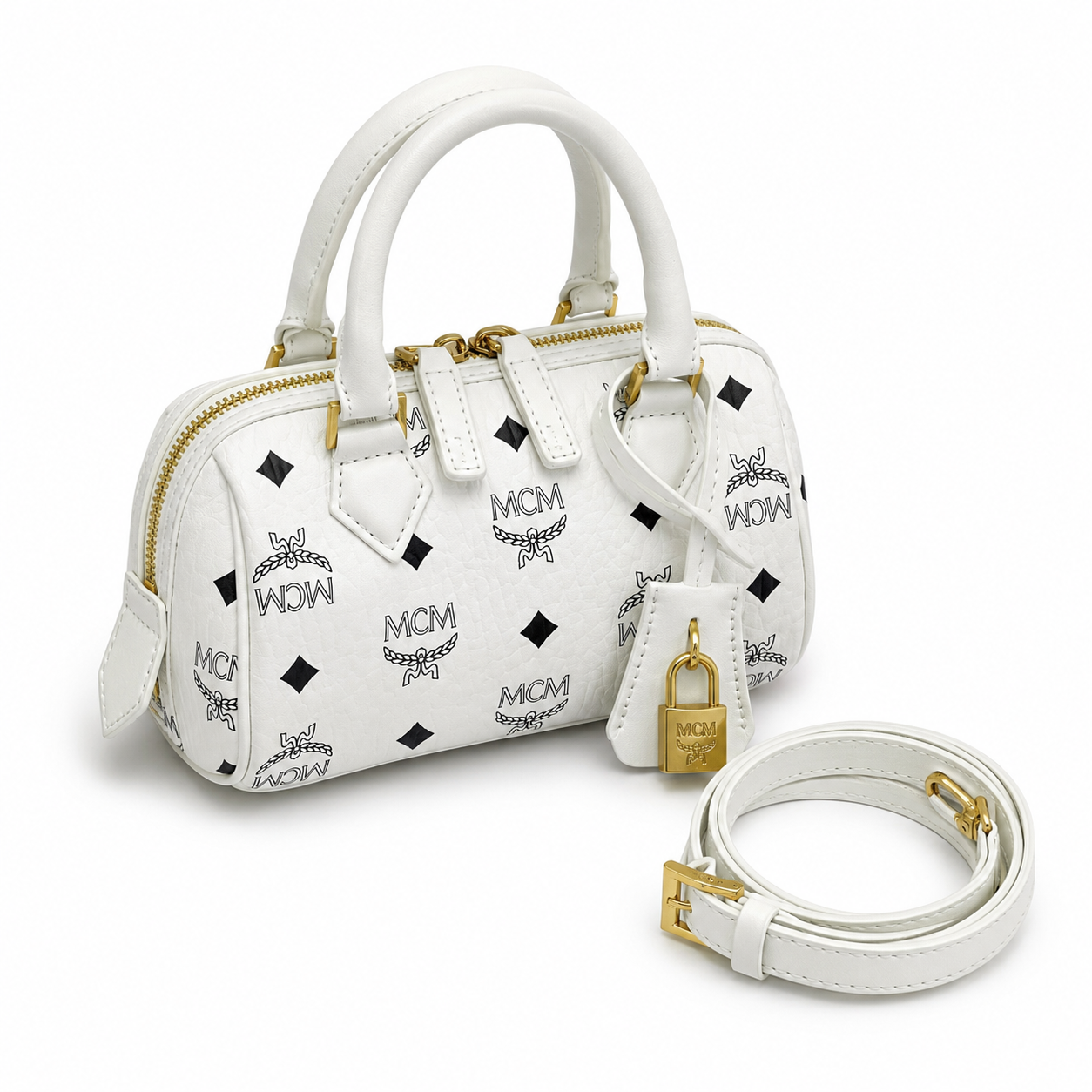 MCM Ella Visetos Mini Boston Bag – White, Gold Lock, MWBESEA01WT001