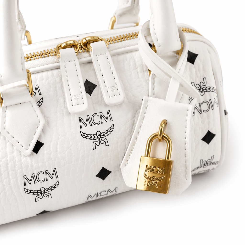 MCM Ella Visetos Mini Boston Bag – White, Gold Lock, MWBESEA01WT001