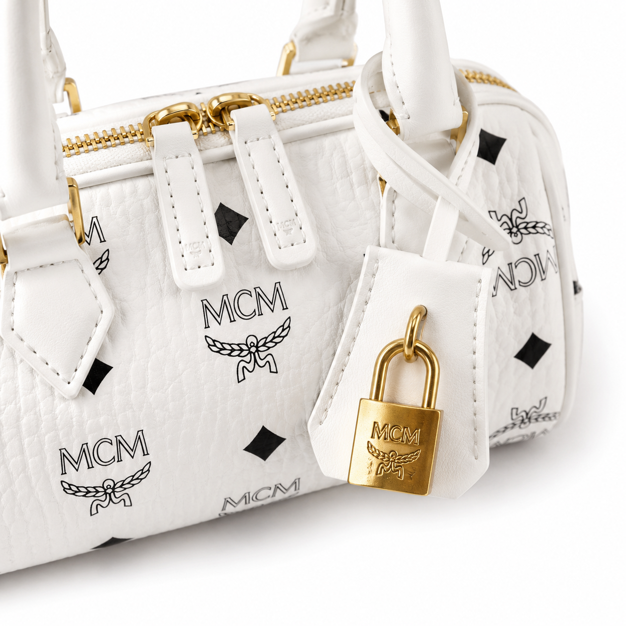 MCM Ella Visetos Mini Boston Bag – White, Gold Lock, MWBESEA01WT001
