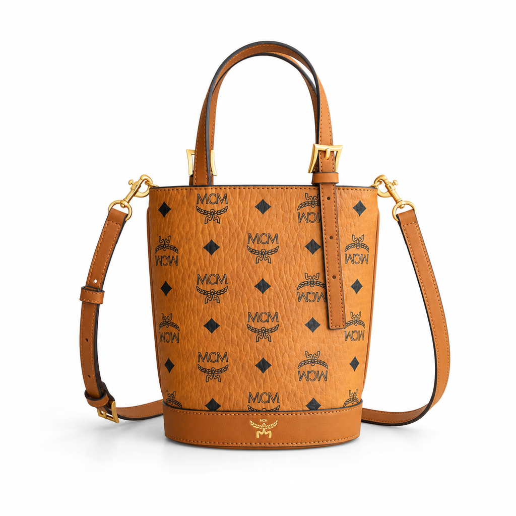 MCM Aren Visetos Mini Bucket Bag – Cognac, MWTEATA01CO
