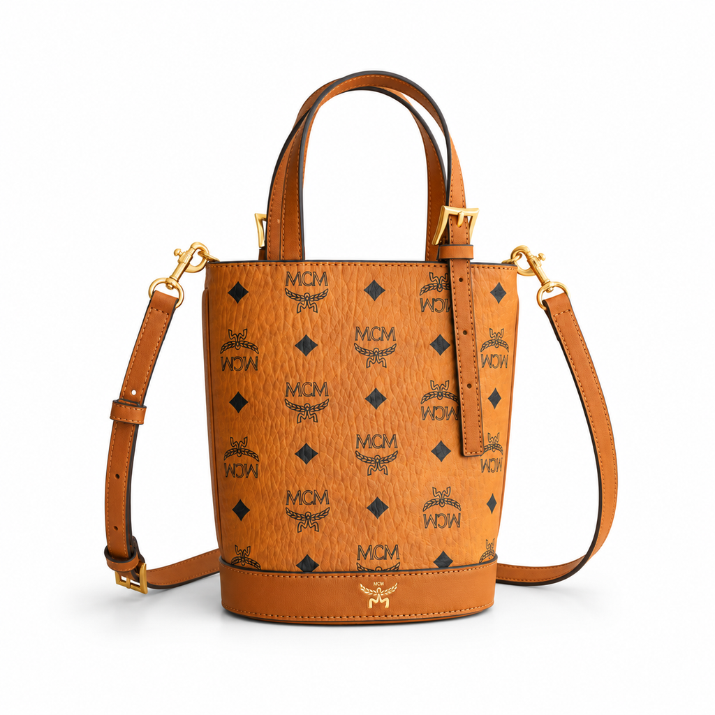 MCM Aren Visetos Mini Bucket Bag – Cognac, MWTEATA01CO