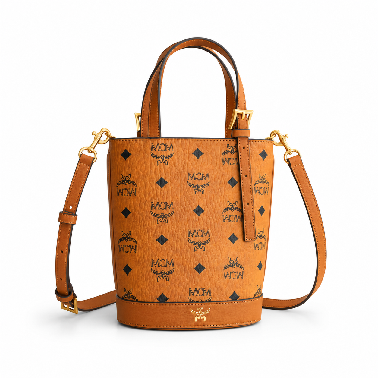 MCM Aren Visetos Mini Bucket Bag – Cognac, MWTEATA01CO